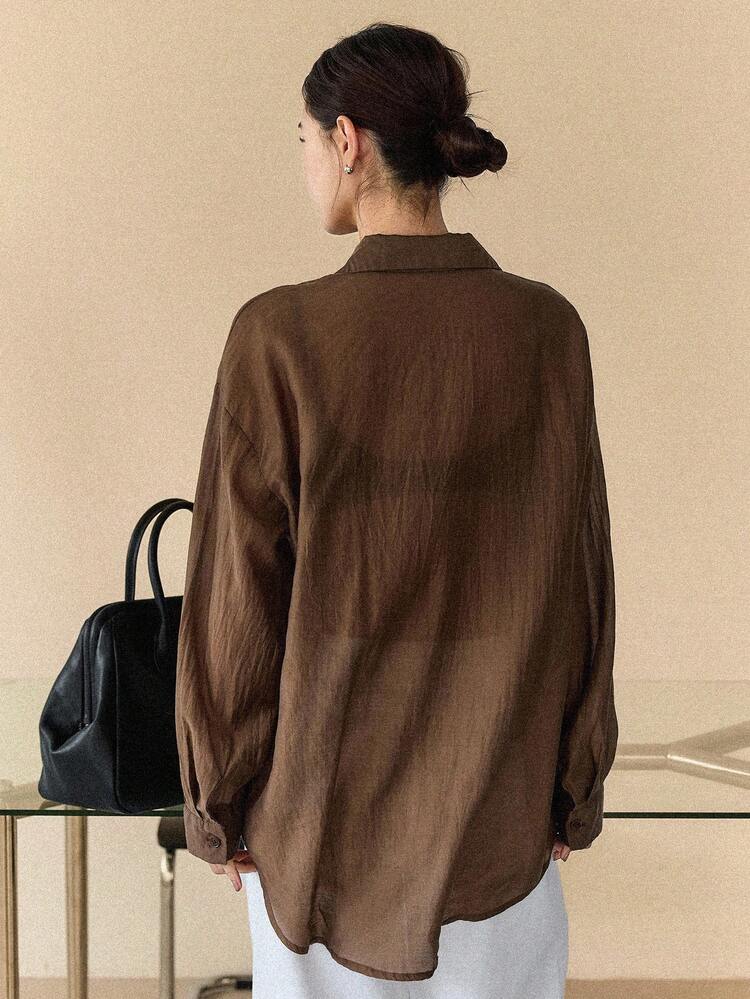 2pcs/Set Women Casual Loose Brown Teacher Style Shirt Set, Autumn/Winter