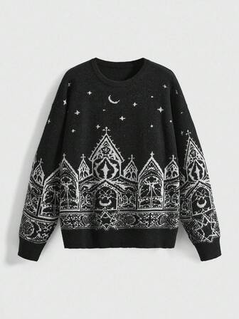 Goth Suéter de tejido jacquard con diseño de iglesia y castillo góticos, luna y estrellas, adecuado para Halloween