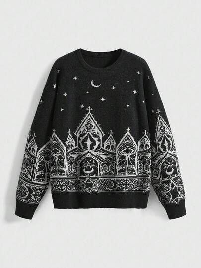 Goth Maglione pullover in jacquard con motivo gotico Dark Church & Castle, Luna e Stella, adatto per ognissanti