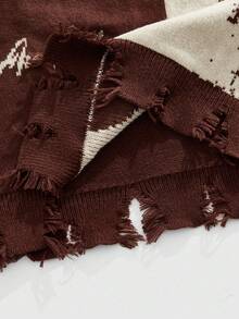 ROMWE MEN ROMWE Avant Men's Crew Neck Distressed Figure Pattern Sweater, Fall Winter - Mocha Brown - View 5