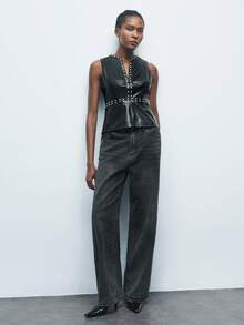 Maija PU 皮革休闲束腰女式背心 - 黑色 - 查看 3