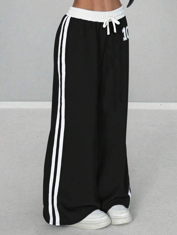 SHEIN Tween Girls Colorblock Numeric Print Loose Casual Pants, Versatile For Daily Wear And Outings