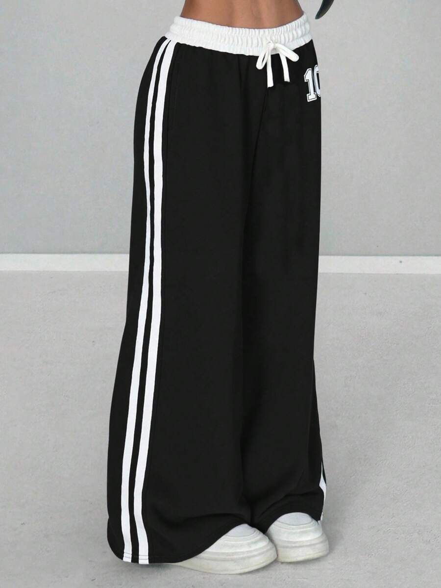 SHEIN Tween Girls Colorblock Numeric Print Loose Casual Pants, Versatile For Daily Wear And Outings - Black - View 1