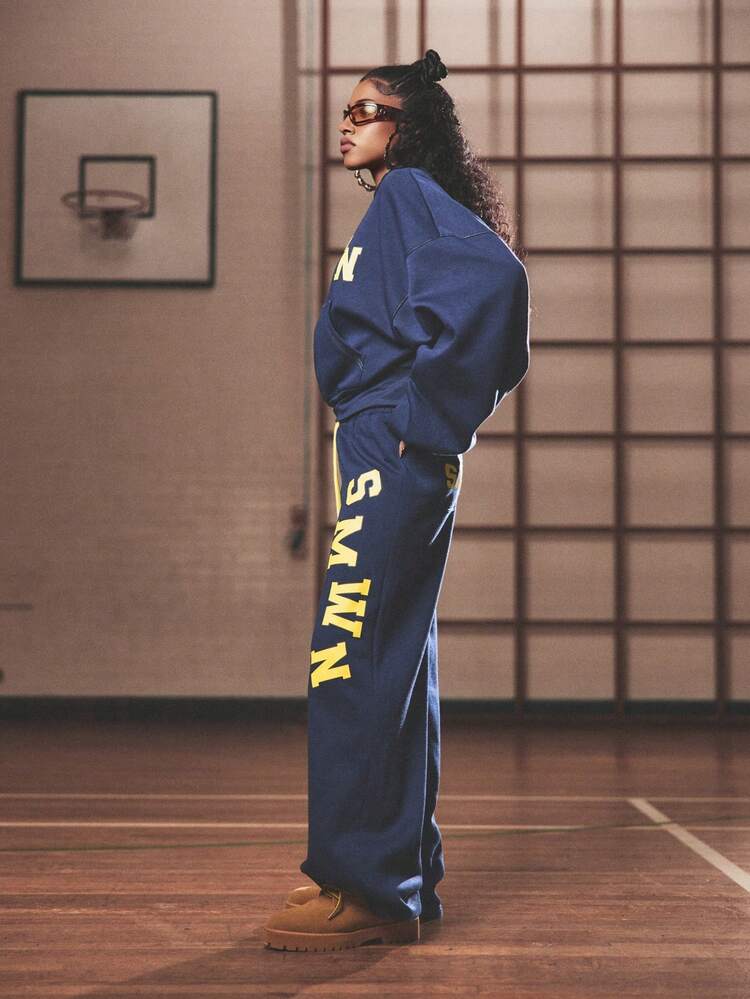 SUMWON WOMEN Oversized University Letter Print Wide Leg Joggers Casual Sweatpants With Contrast Drawstring Fall Winter Loungewear Streetwear Bottoms