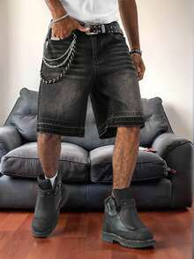 STEELVANCE 男士宽松阔腿休闲牛仔短裤，春夏休闲街头风格 - 黑色 - 查看 1