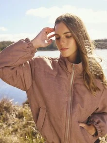Aralina Fall Winter Cord Gold Zip Through Padded Winter Jacket With Elastic Toggle On The Inner Elastic - Brown - View 13