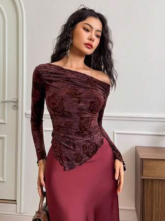 EastFlair Casual Asymmetric Collar Long Sleeve Pleated Fitted Blouse For Women Wine Colored Top Long Sleeve Off The Shoulder Top Long Sleeve Draped Top Fall Clothes For Women