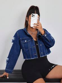 SHEIN EZwear 冬季加大码女式休闲做旧牛仔连帽短外套 - 深色水洗藍 - 查看 3