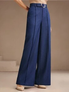 Anewsta Pantalones rectos sueltos de unicolor para mujer con bolsillos, adecuados para el trabajo y el transporte en invierno - Azul - Ver 5