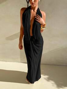 Aloruh 黑色低胸性感垂坠领网眼针织无袖连衣裙 - 黑色 - 查看 3