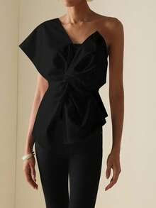 Vesra Women's Fashion Solid Color Twist Asymmetrical Shoulder Shirt One Shoulder Tops - Black - View 5