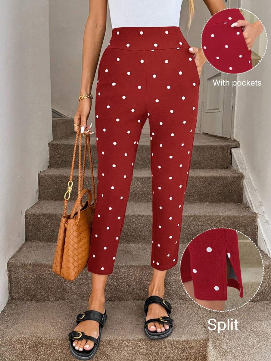 SHEIN LUNE New Black & White Polka Dot Print Pants With Pockets And Slit Hem, 3/4 Length - Red - View 1