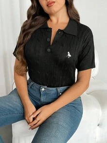 SHEIN Privé 大码套头针织上衣，白色短袖针织 Polo 领毛衣，修身套头针织上衣 - 黑色 - 查看 5