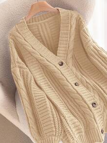 SHEIN Frenchy Plus Size Women's Solid Color Casual Versatile Long Sleeve Button Cardigans/Winter - Apricot - View 6
