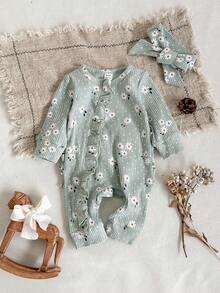 SHEIN Bộ đồ liền thân dài tay vải gân họa tiết hoa cổ tròn có khóa kéo phía trước dành cho bé gái, mùa thu/đông - màu xanh lá - Xem 3