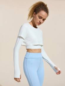 SHEIN Sports 1 件女式纯色圆领长袖户外 T 恤 - 白色 - 查看 3