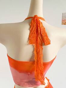 Soleia WYWH 女士夏季连衣裙套装，日落渐变色，蕾丝拼布褶饰露背上衣和双层蕾丝荷叶边迷你裙套装，适合节日、约会、下午茶、海滩、游轮、城市度假、四季、音乐节、波西米亚风度假，可内外穿着 - 亮橙色 - 查看 8