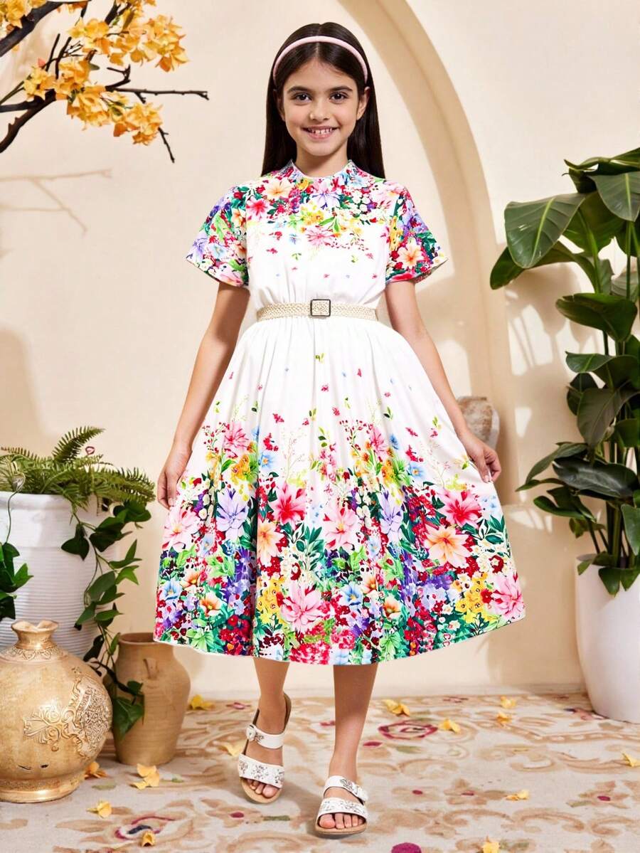 Tween Girl Tiered Ruffle Hem Short Sleeve Elegant Dress - Multicolor - View 1