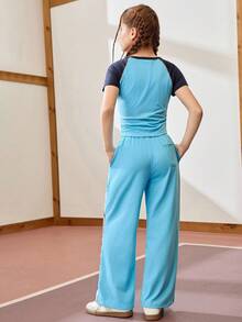 JNSQ 返校服、青少年女孩服装、女童套装：2 件/套女童休闲运动短袖上衣和阔腿裤套装，儿童圆领撞色哈伦裤短袖 T 恤宽松套装，适合秋冬日常穿着、户外活动、度假、街头风格、派对和休闲