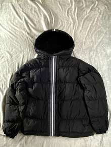 SHEIN Kids/Tween Boys' Casual Versatile Sports Black & White Ribbon Patchwork Thick Hooded Zip-Up Long Sleeve Winter Coat, Parka Coat Suitable For Commuting, School, Casual, Travel, Sports, Autumn/Winter, Teen Boys Winter Jacket, Boys Black Puffer Jacket Fall - Black - View 7