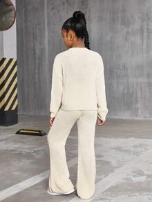 Sparklyn Conjunto de dos piezas de suéter para niñas preadolescentes - Suéter de punto grueso sólido en beige y pantalones de pierna ancha, suéter de cuello redondo de ajuste relajado con pantalones rectos de estar en casa, ropa cómoda y casual para primavera/otoño/invierno - Albaricoque - Ver 2