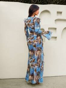 Bonvoyette Damen Mode Allover-Muster Lässig Kleid mit Schlitz-Saum und Langarm