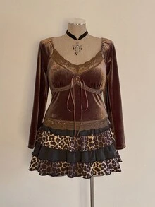 Sunspun 大码撞色蕾丝V领修身弹力T恤，初秋 - 棕色 - 查看 3