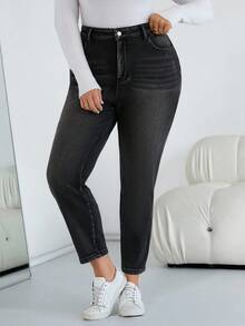 SHEIN PETITE CURVE 大码秋冬万圣节圣诞节国庆2000年代街头风生日机场商务休闲女装乡村复古低调老钱商务休闲女装工作教师女装保暖内衬牛仔裤休闲水洗高腰修身黑色牛仔裤女装大码水洗黑色牛仔裤弹力紧身牛仔裤舒适日常穿着 - 黑色 - 查看 3