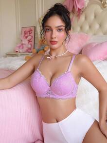 PetitDoll 1pc Lace Bow Supportive Solid Color Comfortable Underwire Bra For Women - Pink - View 5
