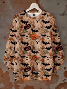 EMERY ROSE Halloween Ghost, Bat, Pumpkin Print Plus Size Women Casual Loose Fit Crew Neck Long Sleeve Pullover Sweatshirt, Autumn/Winter Fall Ghost Print Sweater Fall Sweater Bat Sweater Halloween Sweater Pumpkin Sweater Autumn Print Cardigan Fall Tops Fall Shirts Artwork Print Design Sweater Ladies Long Sleeve Sweater - Multicolor - View 8