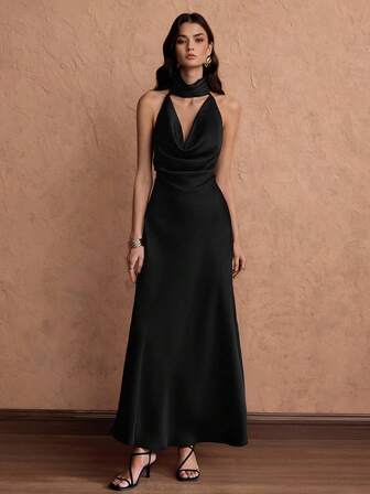 Roylia Elegant Luxurious Party Mini Dress, Satin Shiny Finish, Pearl Chain Decor, Backless Draped Neck Long Dress For Women, Suitable For Graduation Ceremony, Wedding