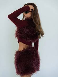 SHEIN ICON Bộ 2 món đồ bằng da và lông thú giả dành cho nữ, gợi cảm và tiên phong - Màu Đỏ Sâu - Xem 2