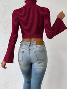 EURMUSE Women's Turtleneck Flare Sleeve Cable Pattern Cropped Fitted Sweater, Autumn/Winter - Burgundy - View 2