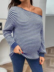 SHEIN 孕妇休闲宽松条纹不对称肩长袖毛衣，秋季