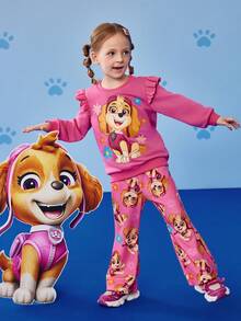 SHEIN | PAW Patrol 2pcs/Set Young Girl Cartoon Cute Puppy Print Pink Knit Loose Fit Crew Neck Cap Sleeve Sweatshirt And Floral All-Over Print Flared Pants, Autumn/Winter Fall - Pink - View 2