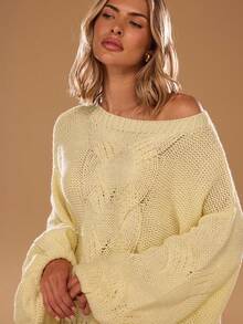 SHEIN BAE 女式休闲纯色蝙蝠袖毛衣，秋冬 - 黃色 - 查看 5