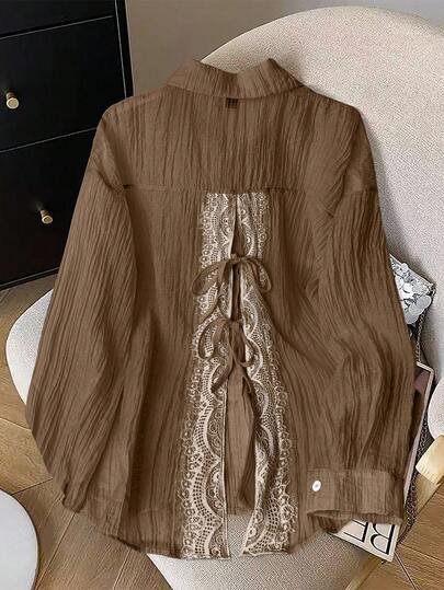 GlowEve CURVE 大码女式休闲秋季撞色蕾丝后背系带衬衫