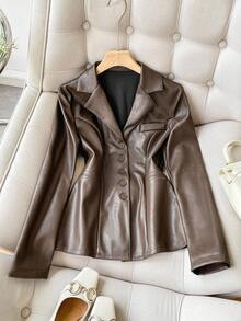 Franclia 女士翻领收腰优雅办公室通勤PU夹克 - 鏽棕色 - 查看 1