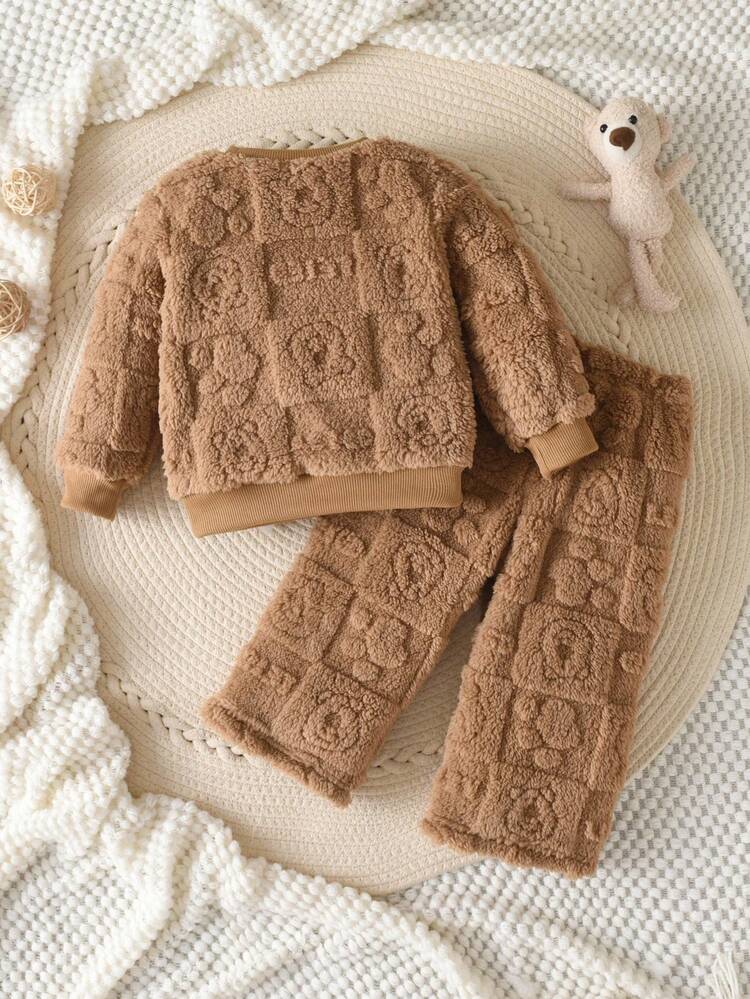 SHEIN 2pcs Toddler Boys' Knit Fluffy Cozy Pullover Sweatshirt And Versatile Pants Set, Suitable For Home And Outings In Autumn/Winter Fall - Coffee Brown - View 2