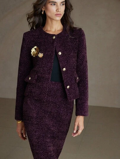 Aveloria Rosie 2pcs Set: Solid Color Round Neck Dress With 3D Floral Decor Long Skirt