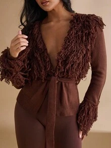 Silquee Damen Lässig einfarbige Langarm Bindegürtel Strickjacke Ausgehoberbekleidung, Büro Fransentops, Musik Festival Tops, Taille raffende Tops und Ausgehtops für Herbst/Winter - Braun - Übersicht 7