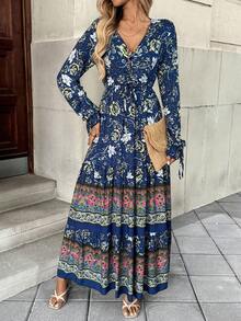 EMERY ROSE 花卉索环孔眼系带荷叶边下摆连衣裙 超长度假海滩装 女款 - 藍色 - 查看 3