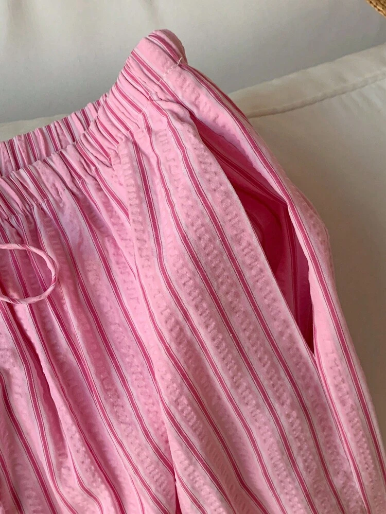 Comfortcana Comfortable Pink Striped Woven Fabric Pants With Adjustable Drawstring Waist,Fall Pink Bottoms For Women - Pink - View 5