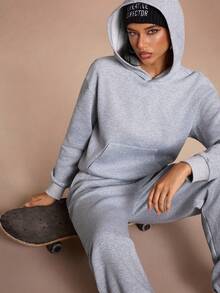 SHEIN Sports Women's Casual Hoodie & Sweatpants Set With Pockets - Grey - View 2
