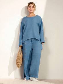 Momelise Plus Size Women Solid Color Round Neck Adjustable Long Sleeve Asymmetrical Hem Top And Long Button Slit Casual Pants Set - Blue - View 3