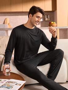 Manfinity Underwear&Sleepwear Basics Men's Solid Color Crew Neck Long Sleeve Top And Pants Pajama Set Men Lounge Set Men Sleepwear, Fall Winter Clothes