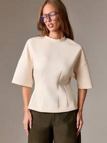 AiiRZ Lantern Sleeve Peplum T-Shirt Round Neck Short Sleeve Top Structured Design Casual Blouse - Apricot - View 6