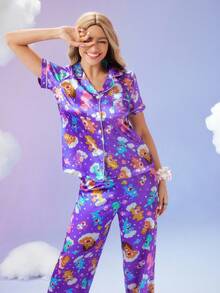 SweetSlumber X Carebears Women's Cute Cartoon Bear Print Satin Short Sleeve Top & Pants Pajama Set - Multicolor - View 6