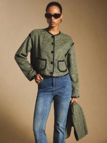 Poéselle Cappotto con profili a contrasto verde oliva con sciarpa, stile "old money", essenziale per il capsule wardrobe, idee autunnali, moda dark academia, cappotto chic preppy, cappotto corto da donna con bordi a contrasto, autunno/inverno - Verde militare - Visualizzare 8