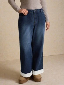 Elaquor Jeans de felpa azul talla grande, pantalones de pierna recta de cintura alta con dobladillo, pantalones de felpa cálidos, adecuados para uso casual clásico en invierno - Azul lavado oscuro - Ver 6